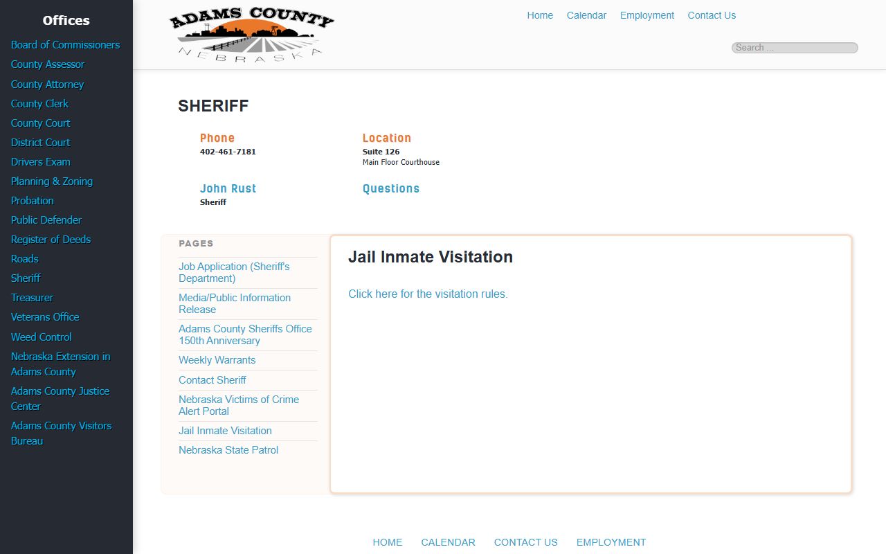 Adams County jail visitation page linking to CIDNET visitor rules