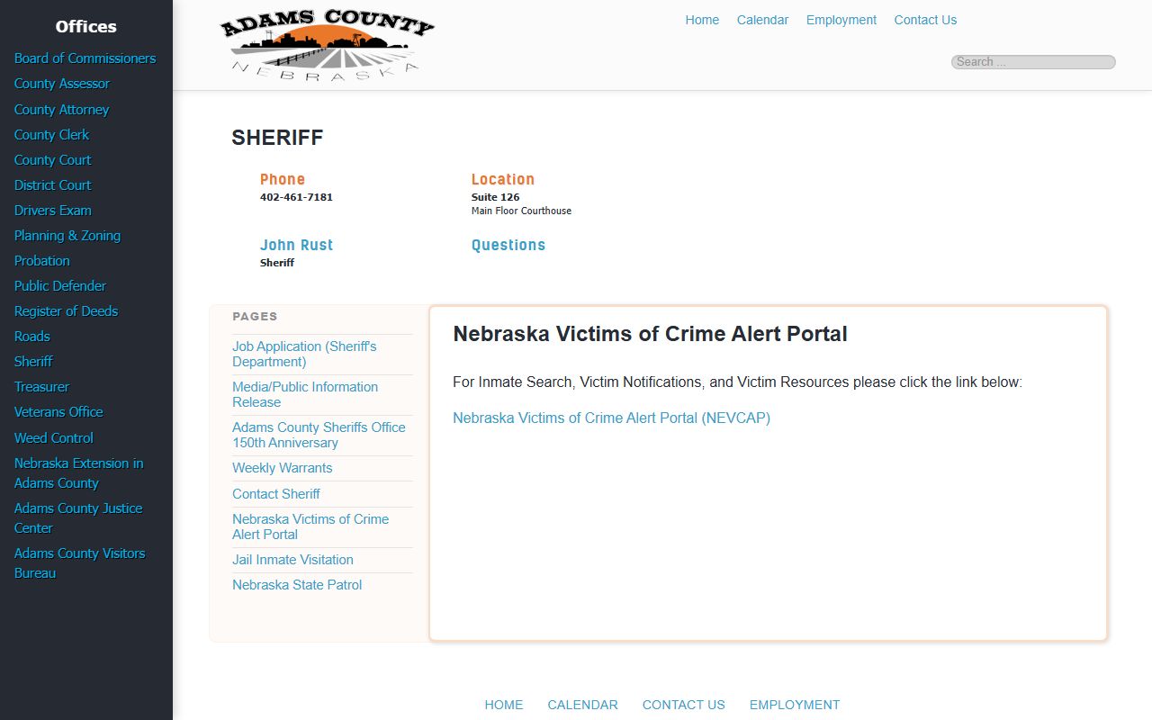 Adams County NEVCAP page for Webster County jail mugshots search limits